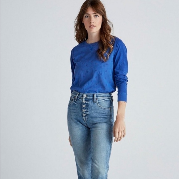 Lucky Brand Mixed Media Pullover Eyelet‎ Lightweight Shirt Top in Surf the Web - Picture 1 of 11
